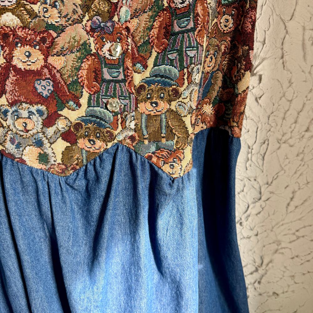 Vintage 90s Teddy Bear Tapestry Denim Dress | Cottagecore Prairie Dress - Picture 3 of 10